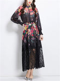 Women Two-piece Lantern Sleeve Shirt and Elastic High Waist Lace Skirt