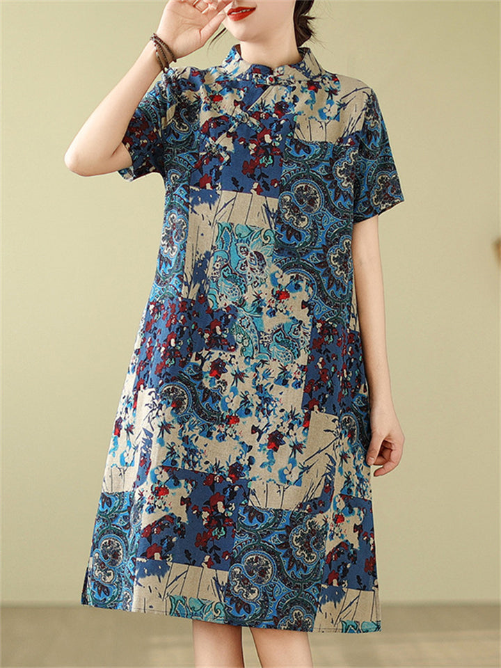 Women's Retro Ethnic Style Print A-Line Cheongsam Midi Dress