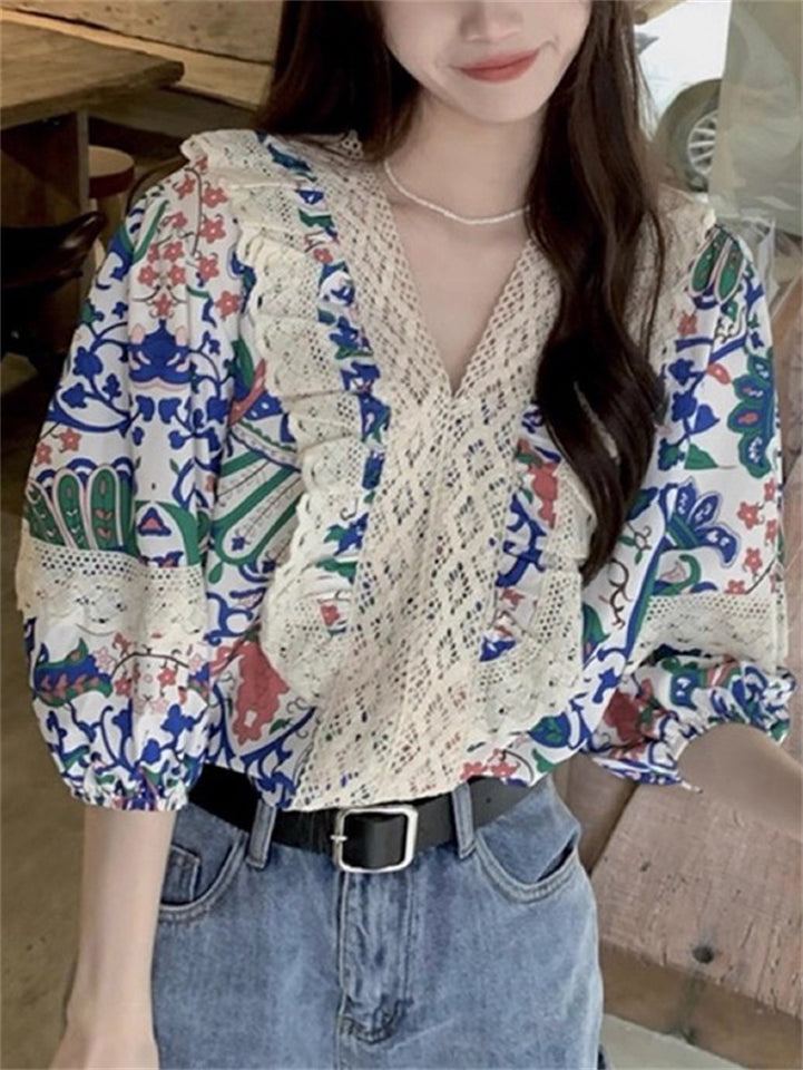 Women's French Style Summer Printed Lace Patchwork Puffed Sleeve Shirts