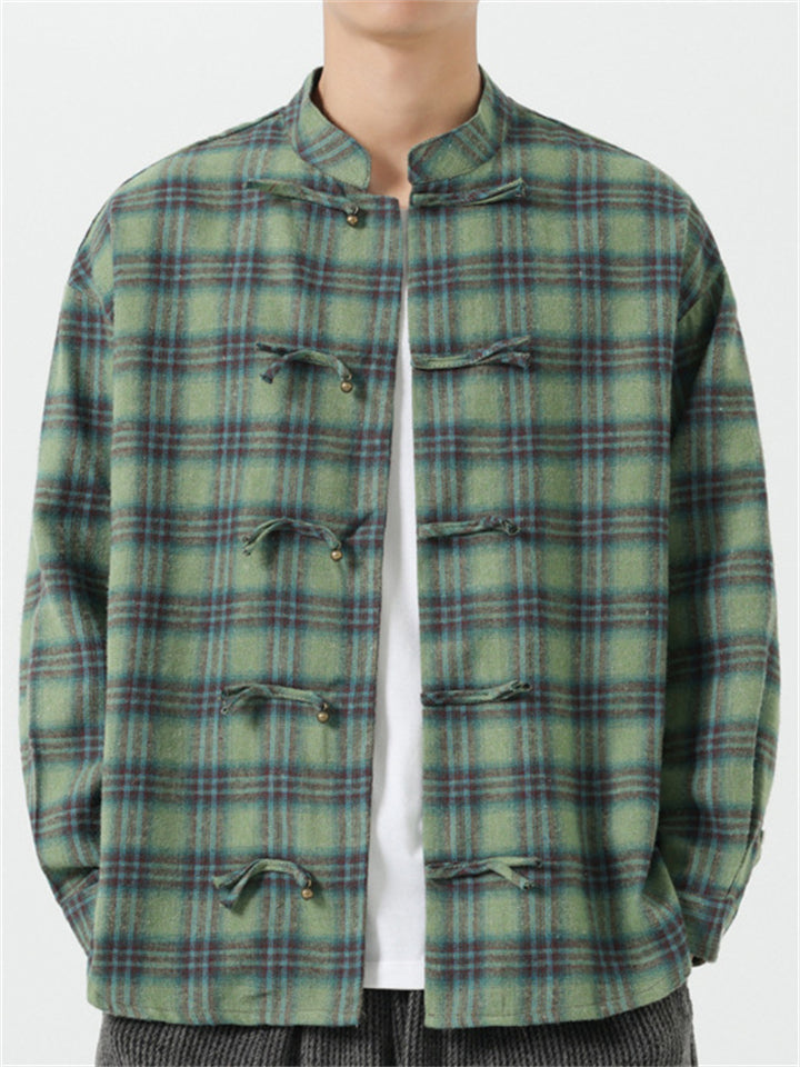 Chinese Style Cotton Plaid Stand Collar Long Sleeve Shirts for Men
