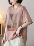 Summer Casual Cotton Linen Painting Print Round Neck T-shirt for Women