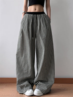 Retro Women's Black and Whiite Plaid Drawstring Wide Leg Straight Pants