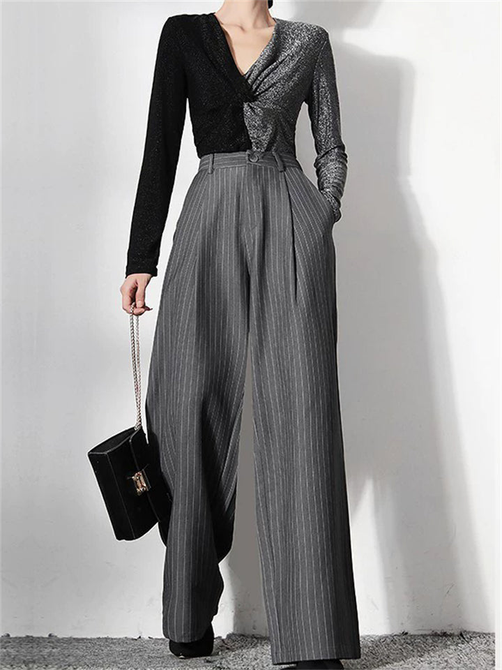 Women's Gray Stripe High-Waist Office Wide Leg Pants