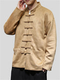 Men's Unique Hanzi Embroidery Knot Button Faux Suede Jacket