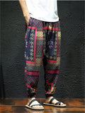 Men's Cotton Linen Print Drawstring Jogger Pants
