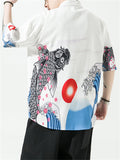 Fish Crane Mountain Print Summer Button T-shirt for Men