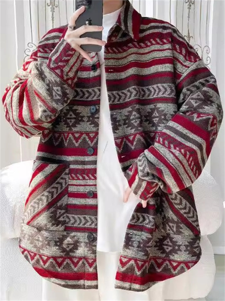 Retro Loose Stripe Long Sleeve Woolen Pockets Jacket for Men