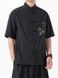 Men's Chinese Style Leaf Printed Stand Collar Short Sleeve Shirt