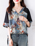 Plus Size Women's Leaves Printed Patchwork V Neck Half Sleeve Shirts