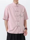 Men's Chinese Style Leaf Printed Stand Collar Short Sleeve Shirt