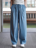 Summer Cotton Linen Stripe Casual Straight Pants for Women