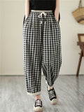 Retro Black & White Plaid Linen Casual Pants for Women