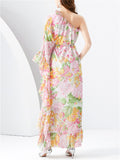 Women's Summer Floral One Shoulder Asymmetric Maxi Dresses