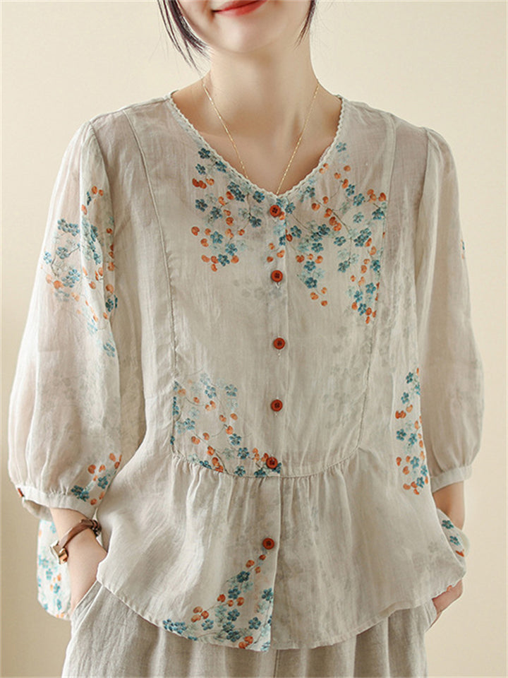 Women's Summer Print Round Neck 3/4 Sleeve Shirts