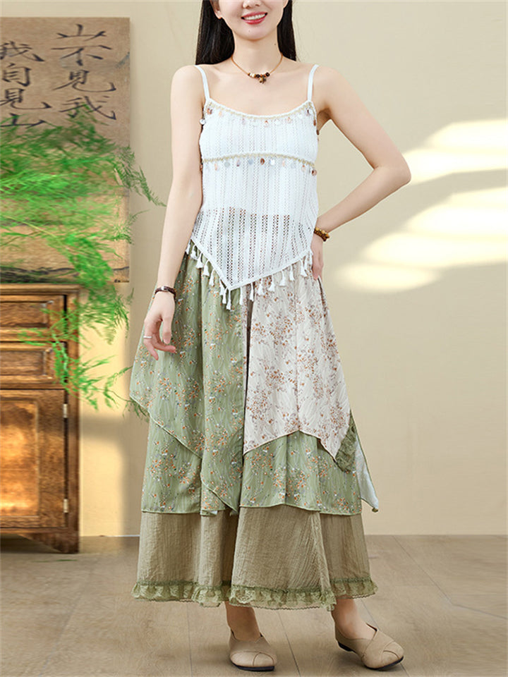 Women's White Sequin Fringe Strap Top & Print Asymmetric Skirt Set