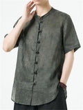 Men's Summer Casual Solid Color Ramie Frog Button Shirts
