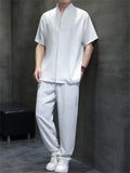 Men's 2Pcs Summer Zen Style Stand Collar Short Sleeve Solid Color Outfits