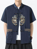 Men's Vintage Chinese Loong Print Frog Button Short Sleeve Tang Suit Shirts