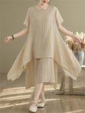 Women's Casual Solid Color Round Neck Double-layer Big Hem Midi Dress