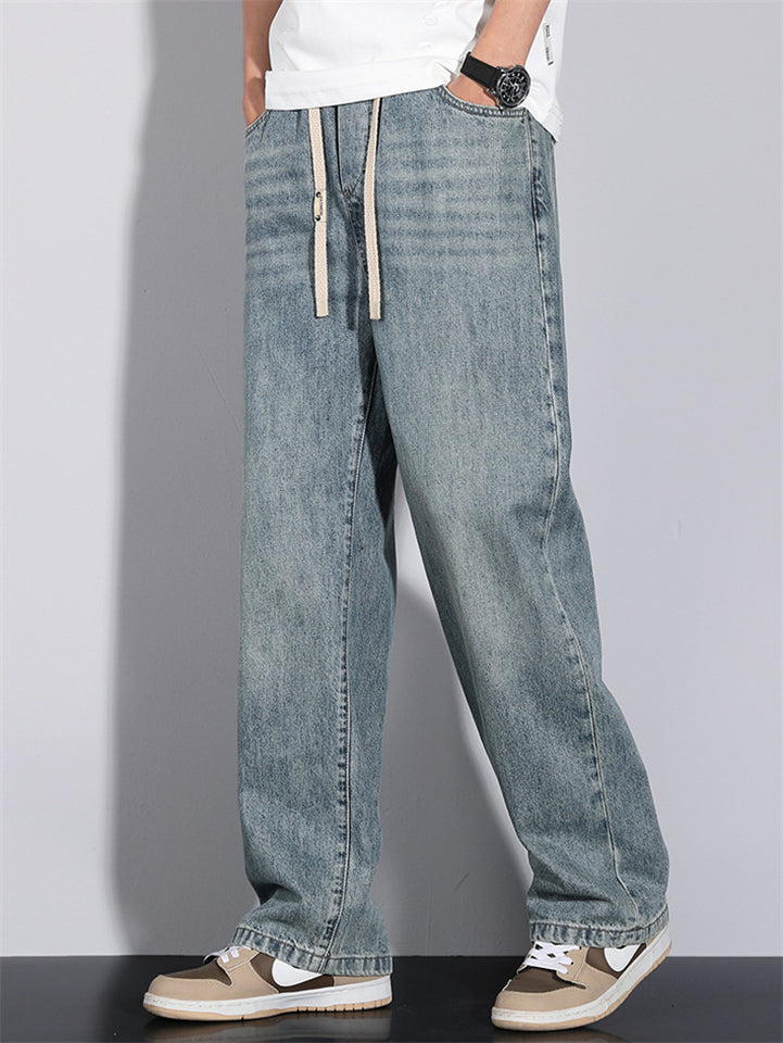 Men's Retro High Street Fashion Elastic Waist Drawstring Wide-Leg Straight Jeans
