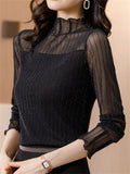 Women's High Neck Mesh Patchwork Long-sleeve Undershirt