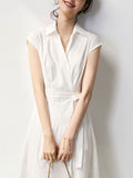 Female Summer French Style Cotton Short Sleeve Tie-Waist Midi Dress
