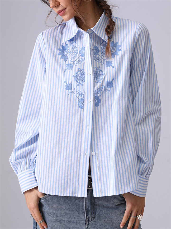 Women's French Style Embroidery Blue Stripe Shirts