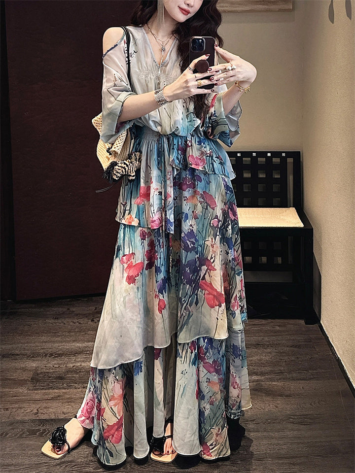 Women's Elegant Print  Shoulder Cut Long Sleeve Shirt & Strap Dress