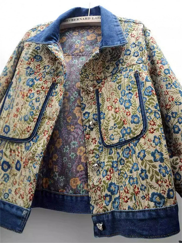 Women's Vintage Autumn Floral Jacquard Patchwork Lapel Jackets