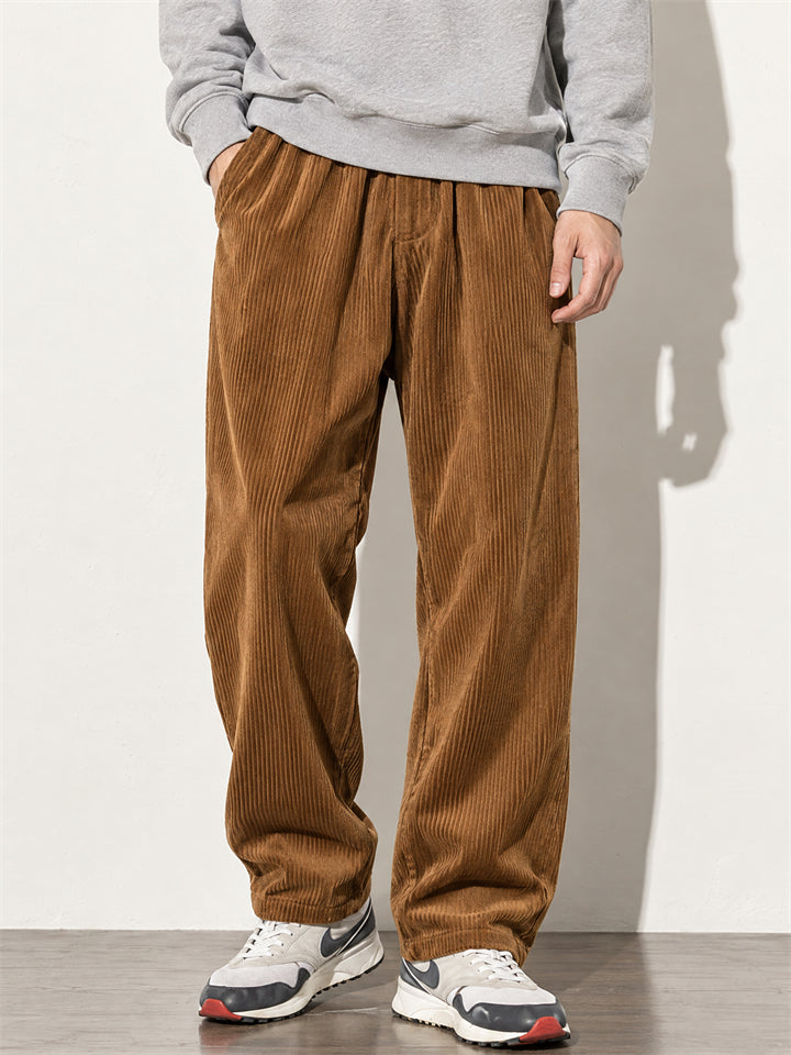 Men Japanese Style Corduroy Drawstring Elastic Waist Baggy Straight Pants