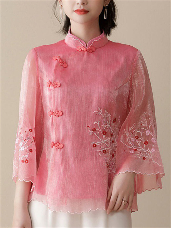 Retro Flower Embroidered Trendy Cheongsam Top for Women