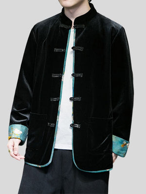 Men's Vintage Black Velvet Print Cuff Tang Suit Jacket