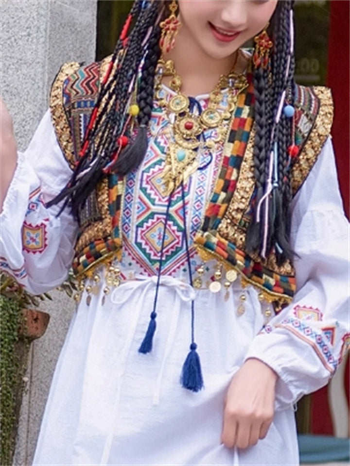 Women's Ethnic Style Patchwork Vest with Metal Pendant Decoration