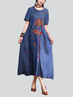 Ancient Style Red Lotus Embroidery Short Sleeve Dress for Women