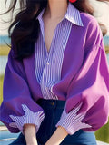 Women's Purple Striped Patchwork Lapel Lantern Long Sleeve Shirts