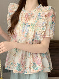 Women's Summer Sweet Style Floral Printed Puffed Sleeve Shirts