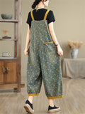 Women's Floral Print Contrast Color Overall Denim Jumpsuits