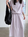 Women's Japanese Style Simple Solid Color Zip Up Short Sleeve Top & Skirt Set