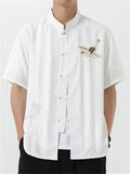 Chinese Style Men's Crane Embroidery Stand Collar Half Sleeve Shirts