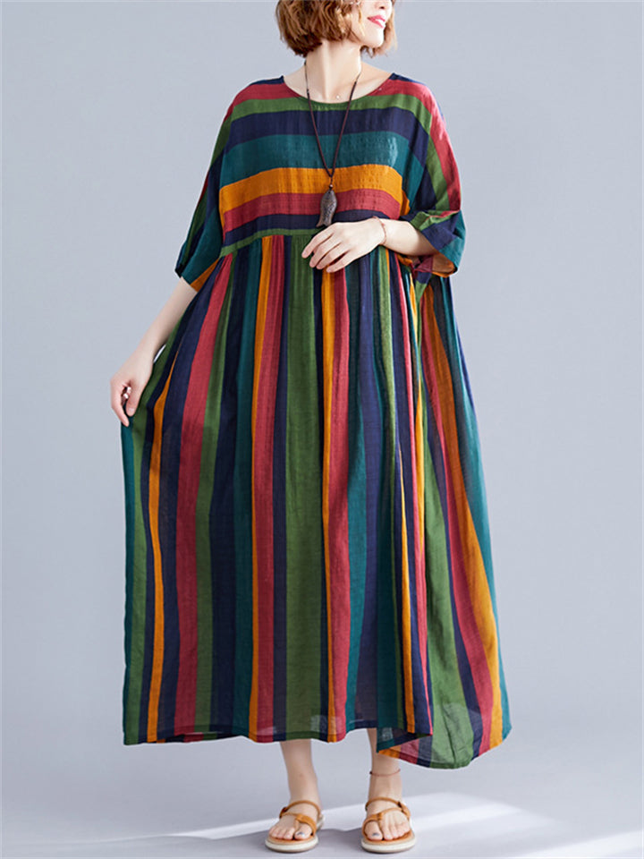 Summer Rainbow Stripes Vacation Long Dress for Women