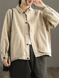 Korean Style Long Sleeve Women Cotton Lapel Pockets Jacket