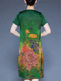 Women's Floral Print O-neck Frog Buttons Short Sleeve Satin Dress