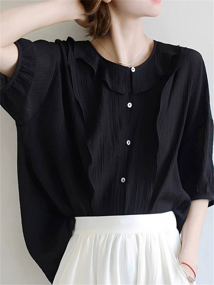 Women's Black Patchwork Casual Round Neck Short Sleeve Shirt