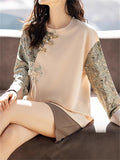 Chinese Style Jacquard Patchwork Round Neck Shirts for Women