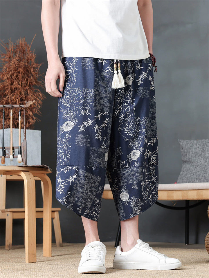 Mens Summer Floral Print Loose Wide Leg Capri Harem Pants