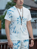 Men's Summer Blue Tie-dye V Neck Short Sleeve T Shirt