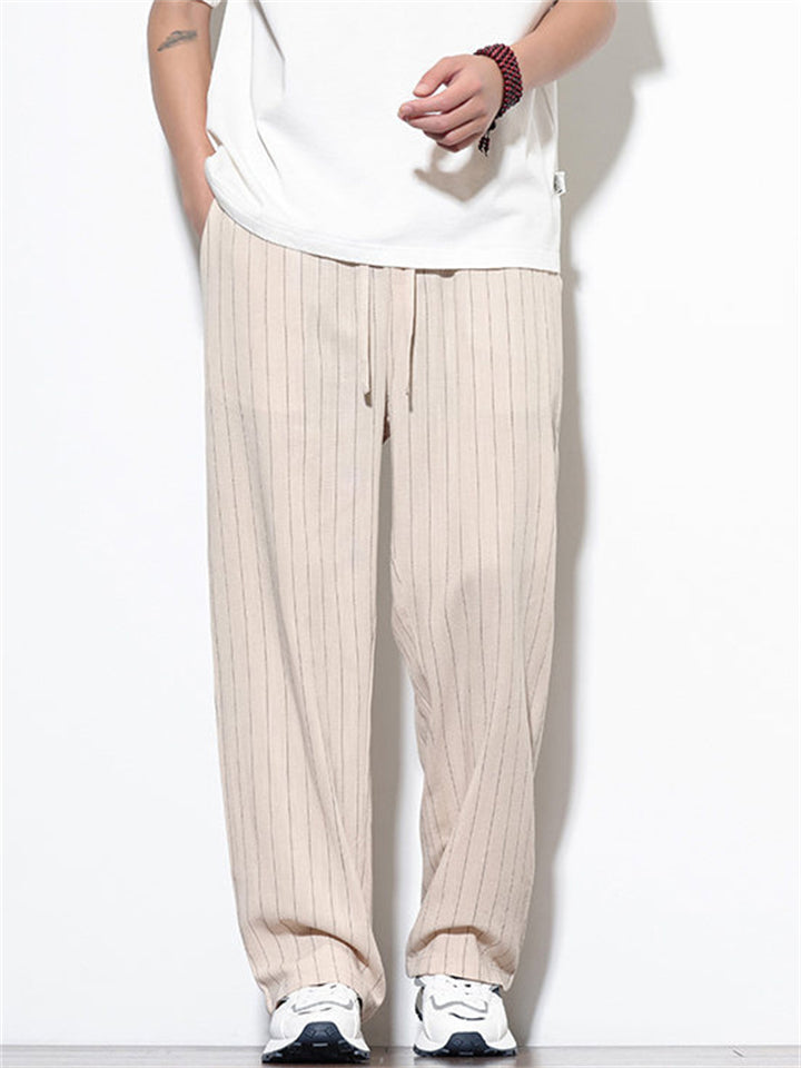 Mens Cotton Linen Striped Casual Beach Wear Wide Leg Pants