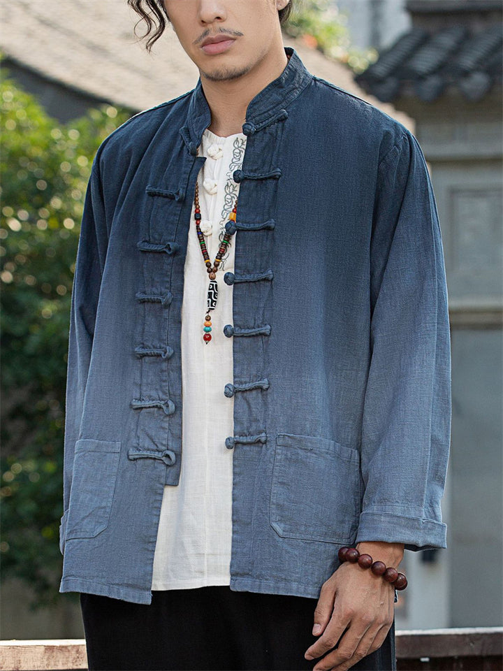 Men's Contrast Color Tie-dye Stand Collar Frog Button Cardigan Shirts