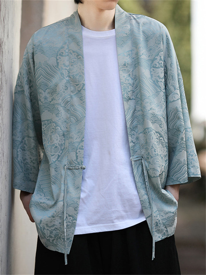 Chinese Style Zen Clothing Vintage Loong Print Cardigan Shirt for Men