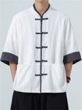 Men's Chinese Style Color Block Short Sleeve Tang Suit Kung Fu Shirts